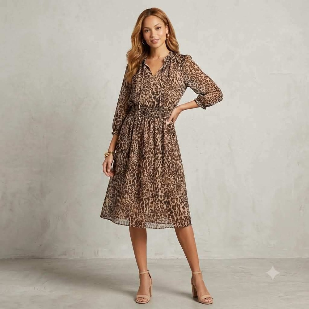 Vince Camuto Leopard Print Smocked Waist Midi Dress Brown Tan Small